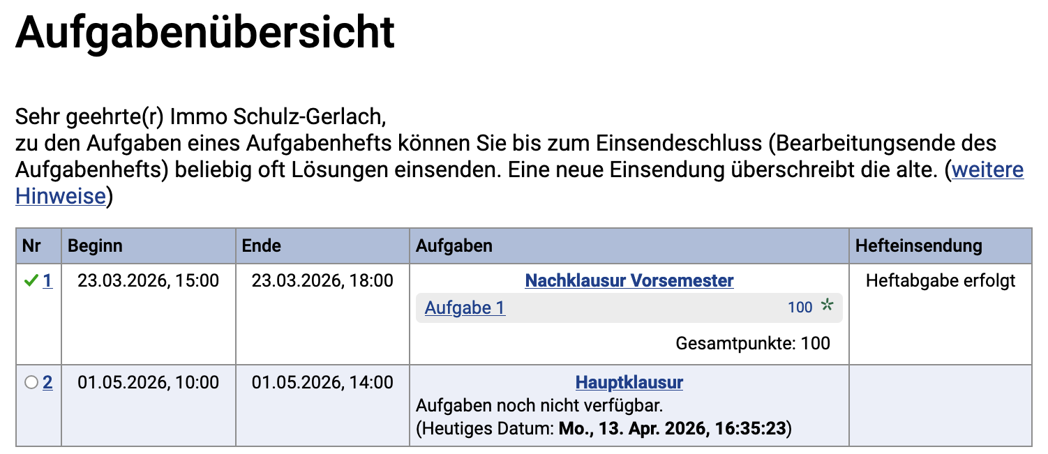 Aufgabenübersicht nach Teilnahme an der ersten Klausur