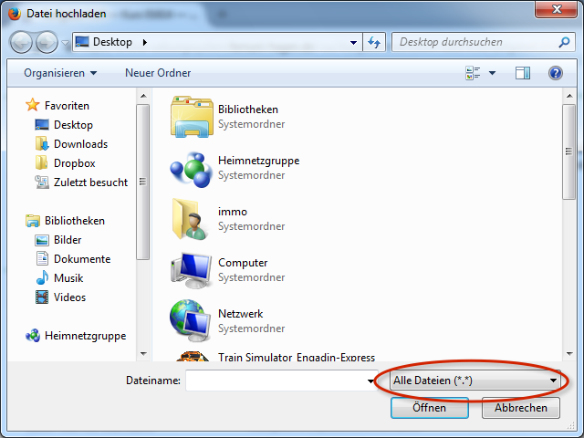 Abb. 1-3: Firefox-Dateiauswahldialog (Windows), ebenfalls auf „Alle Dateien“ voreingestellt