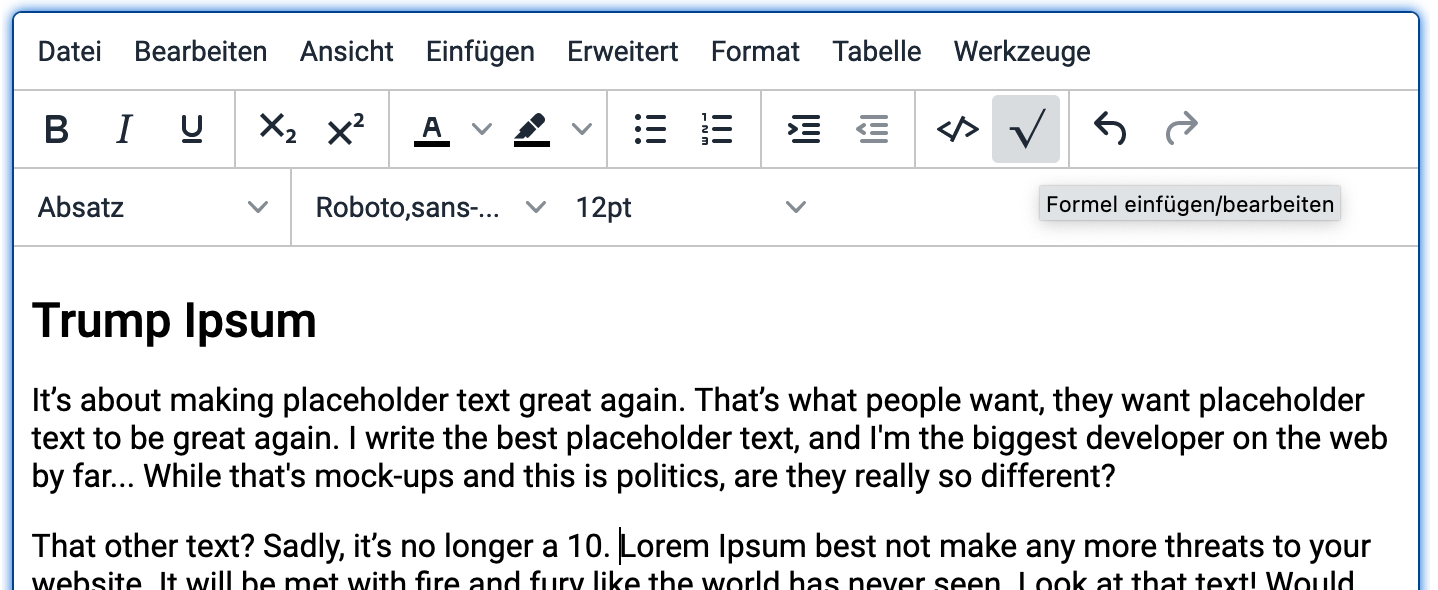 WYSIWYG-Texteditor mit Formeleditor-Plugin (Wurzelsymbol in Symbolleiste)